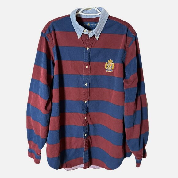 Polo Ralph Lauren Rugby Long Sleeve Men's XXL Navy Maroon Striped Emblem Crest - Picture 1 of 12